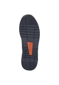 Zwarte rubberen schoenzool met gestructureerde groeven voor grip. Bevat een centrale oranje accent met de merknnaam ingedeukt.