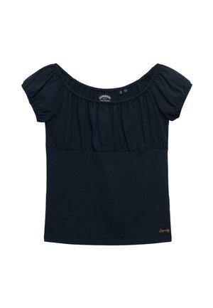 Czarna damska bluzka z krótkim rękawem, z marszczonym dekoltem i elastycznymi mankietami przy rękawach, z małym złotym haftowanym logo na dole.