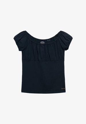 Haut noir pour femme à manches courtes avec encolure froncée et poignets de manches élastiqués, doté d'un petit logo brodé en or à l'ourlet.