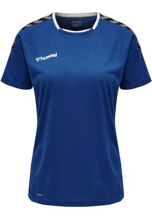 Blauw sportshirt gemaakt van vochtregulerende stof. Bevat een zwart chevronpatroon op de schouders en een witte halslijn. Hummel-logo op de voorkant.