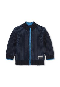 Cardigan lavorato a maglia blu navy con righe verticali, colletto blu e dettagli con zip, e logo Timberland in basso a destra. Texture morbida.