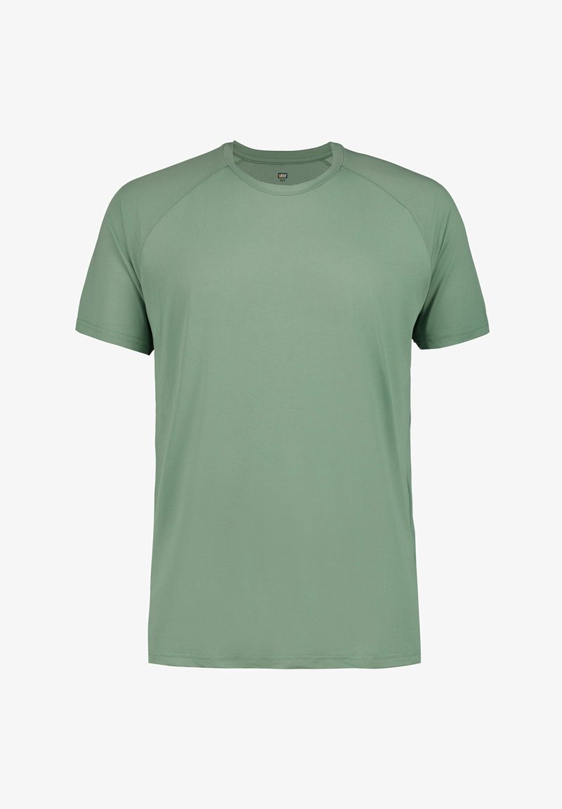 Camiseta de manga corta verde claro hecha de tela transpirable, con cuello redondo y mangas raglán para mayor flexibilidad y comodidad.