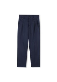 Navy blue trousers made of smooth fabric, featuring pleats at the front, a button closure, and side pockets. Tailored fit with neutral design.