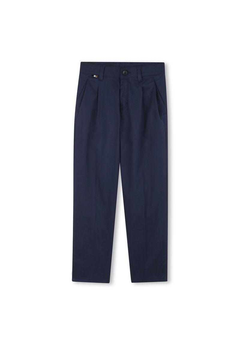 Navy blue trousers made of smooth fabric, featuring pleats at the front, a button closure, and side pockets. Tailored fit with neutral design.
