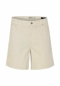 Beige Chino-Shorts aus Baumwollstoff mit Reißverschluss, frontalen Taschen und einer glatten Textur. Dezent genähtes Detail vorhanden.