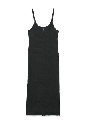 Vestito midi nero in tessuto texturizzato con sottili spalline regolabili a spaghetti e orlo smerlato.