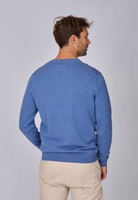 Pull en maille bleu avec col rond, poignets et ourlet côtelés, texture lisse et design léger, vu de dos.