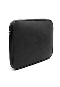 Black laptop sleeve made of textured synthetic material; rectangular shape with rounded edges and a metal zipper along the top edge.