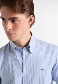 Camicia button-down a righe azzurre e bianche con colletto, caratterizzata da un piccolo logo di un cane ricamato sul lato sinistro del petto.