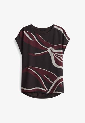 Korte mouwen top in donkere stof met bordeauxrode en crèmekleurige bloemenpatroon. Ronde halslijn en gebogen zoomdetail. Gewone textuur.