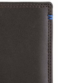 Brown leather wallet with a textured surface, featuring contrasting brown stitching and a blue accent at the edge. Compact rectangular shape.