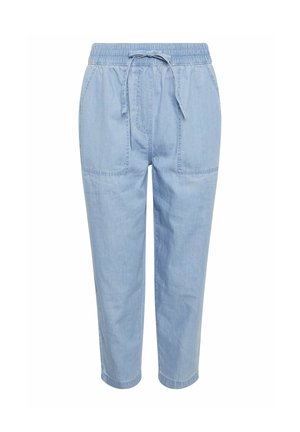 Lichtblauwe broek met elastische taille, vooraan een trekkoord en grote voorzakken met klep, losse pasvorm en rechte pijpen.