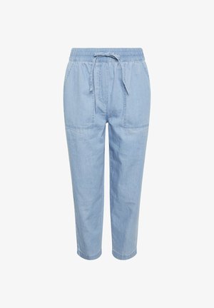 Pantalon à taille élastique bleu clair avec cordon de serrage à l'avant et grandes poches plaquées frontales, coupe ample et jambes droites.