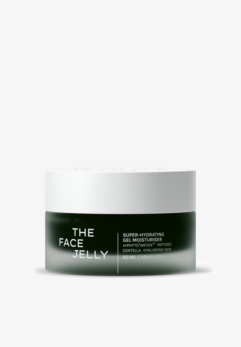 Glas med The Face Jelly superfugtgivende gel-fugtgiver med peptider, centella og hyaluronsyre, 50 ml størrelse.