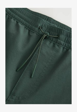 Tumed rohelised elastse vöökoha ja sisetugedega spordilühikesed püksid, millel on sile tekstuur ja nähtavad õmbluse detailid. Lihtne ja funktsionaalne disain.