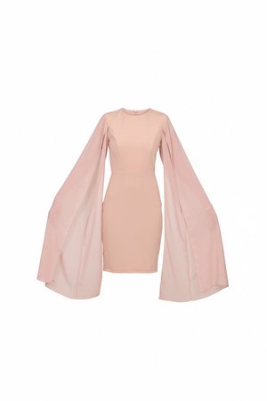 Figursyet lyserød kjole med høj halsudskæring og dramatiske, brede, flydende ærmer, der strækker sig fra skuldre til kant.