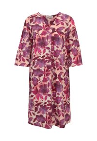 Das Blumenmusterkleid hat einen V-Ausschnitt, dreiviertel lange Ärmel und eine lockere Passform, mit einem rosa Hintergrund und lila Blumenmuster. Hergestellt aus leichtem Stoff.