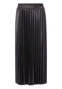 Zwarte plooienrok van glanzend leerachtig materiaal. Heeft een elastische tailleband en een klein metalen accentdetail.