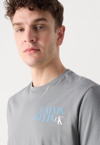 Pilkas medvilninis marškinėliai su šviesiai mėlynu ir baltu grafiniu logotipu, klasikinio apvalaus kaklo ir trumpomis rankovėmis.