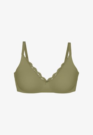 Olívazöld vezeték nélküli melltartó állítható pántokkal, hullámos csipkedíszítéssel a nyakkivágás mentén és egy kis masnival a középső elülső részen.