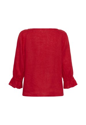 Crvena bluza s dugim rukavima s naboranim elastičnim manšetama i proširenim volanima, prikazana straga na bijeloj pozadini.