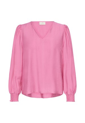 Blouse rose à manches longues avec décolleté en V, manches bouffantes froncées et poignets smockés, fabriquée en tissu léger texturé.