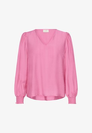 Pink long-sleeve blouse with V-neck, gathered puff sleeves, and smocked cuffs, made of lightweight textured fabric.