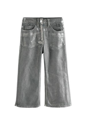 Sølvmetalliske vidde jeans, der har to frontlommer, en enkelt baglomme og en knaplukning. Glat tekstur med en let glans.