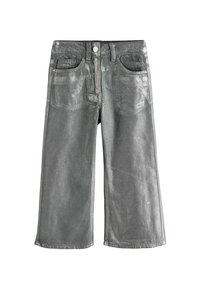 Jeans large en métal argenté, avec deux poches avant, une poche arrière et une fermeture à bouton. Texture lisse avec un léger éclat.