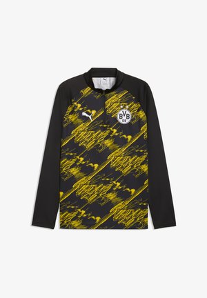 Tricou sport cu mânecă lungă în culorile negru și galben, cu model abstract, guler cu fermoar pe jumătate, logo Puma și emblema clubului de fotbal BVB 09 pe piept.