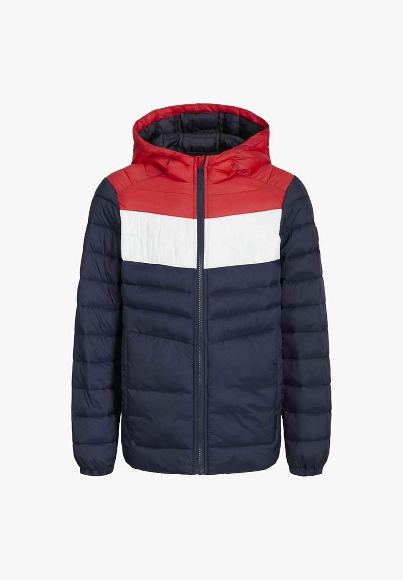 Padded bunda s červenou kapucňou a plecami, námornícka telom, s bielym vodorovným prúžkom. Zapínanie na zips a elastické manžety.