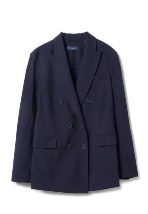 Blazer azul marino cruzado hecho de una tela suave; cuenta con cuatro botones, dos bolsillos frontales y un diseño de solapa con muesca.