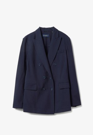 Marineblauer, doppelt geknöpfter Blazer aus einem glatten Stoff; mit vier Knöpfen, zwei Fronttaschen und einem Revers mit Kerbdesign.