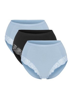 Sæt med tre højtaljede dameunderbukser i lyseblå og sort, med blonder langs benåbningerne.