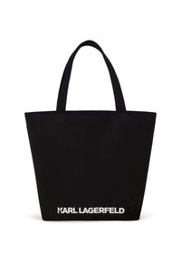 Sac en toile noir avec deux poignées, comportant un logo "KARL LAGERFELD" blanc en bas, et avec une forme structurée et carrée.