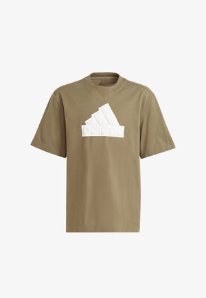 Olive green short-sleeve t-shirt made of textured fabric, featuring a white raised three-stripe logo on the front.