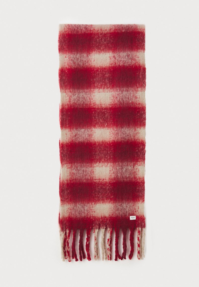 Punane ja beež ruuduline sall, mis on valmistatud pehmest villast, friteeritud servade ja tekstuuriga mustriga, mõõtudega umbes 180 cm x 70 cm.