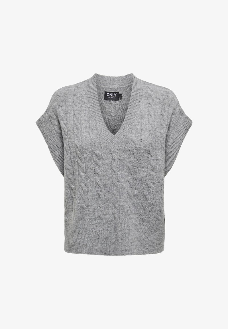 Gilet sans manches en tricot gris avec col en V et poignets et ourlet côtelés, présentant un motif torsadé.
