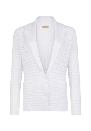 Witte, gebreide cardigan met een textuurpatroon, sjaalkraag en twee voorzakken. Voorzien van twee knopen voor sluiting. Lichtgewicht ontwerp.