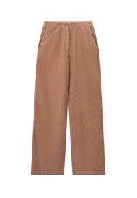 Bruine corduroy wijde broek met knoopsluiting en zijzakken, met een gestructureerd ribbeloppervlak en rechte snit.