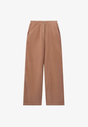 Pantalons large en velours côtelé marron, avec une fermeture à bouton et des poches latérales, dotés d'une surface texturée à côtes et d'une coupe droite.