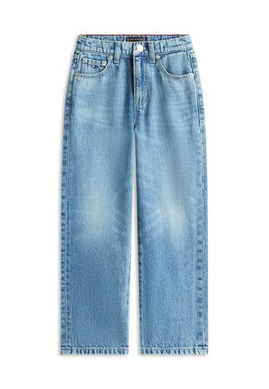 Light blue straight-leg denim jeans with five pockets, button closure, and subtle faded detailing on thighs.