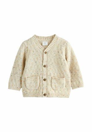 Cremefarbener, strukturierter Strickcardigan mit V-Ausschnitt, Knöpfen vorne und zwei aufgesetzten Taschen. Verfügt über einen gerippten Saum und Bündchen für einen engen Sitz.