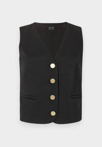Μαύρο αμάνικο γιλέκο με V-λαιμόκοψη, τέσσερα χρυσά στρογγυλά κουμπιά στο κέντρο και δύο μπροστινές τσέπες με σχισμές.