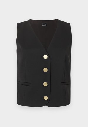 Must varrukateta vest V-kaelusega, keskel neli kuldset ringikujulist nuppu ja kaks esimest lõhikutaskut.