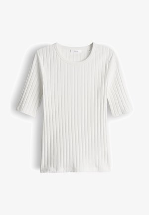 Top en tricot côtelé blanc à manches courtes avec encolure ronde et rayures verticales texturées, posé à plat sur fond blanc.