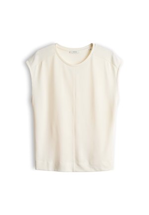 Crème mouwloze blouse met ronde hals en subtiel naaddetail in het midden voor, platliggend op een witte achtergrond.