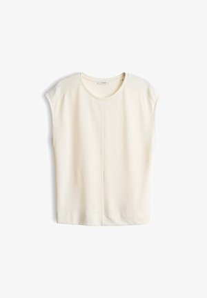 Crème mouwloze blouse met ronde hals en subtiel naaddetail in het midden voor, platliggend op een witte achtergrond.