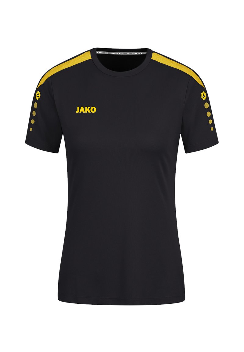 Maglietta atletica nera con accenti gialli sulle spalle, colletto rotondo e elementi di design circolari sulle maniche. Logo del marchio sul petto.
