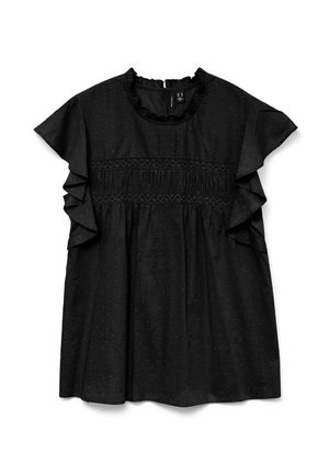 Blusa negra de manga corta con mangas con volantes, tela texturizada, encaje y detalle plisado en el pecho, y un escote con volantes.